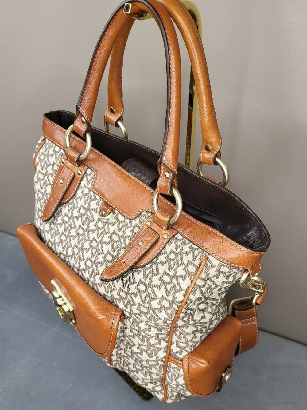 DKNY Signature Logo Jacquard Convertible Shoulder Crossbody Bag Tan Brown